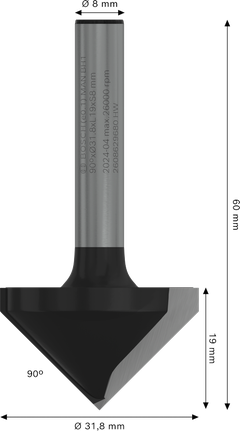 Broca de roteador Bosch PRO com ranhura em V de 90°, 31,8 mm e haste de 8 mm.
